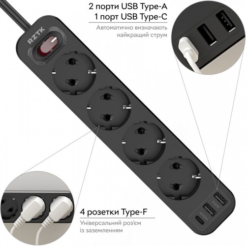 RZTK Power Strip 4+2 USB-A (QC 3.0)+USB-C (PD20W)