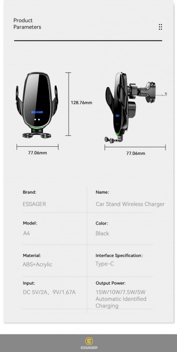 Essager Smart Car Wireless Charger Stand 15W