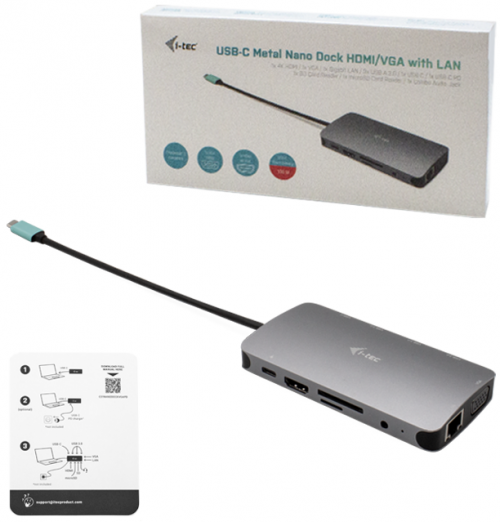 i-Tec USB-C Metal Nano Dock HDMI/VGA with LAN + Charger 100W