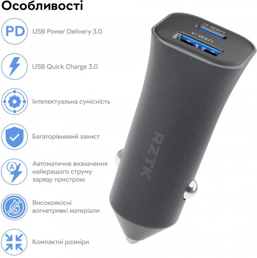 RZTK Car Charger 38W USB-A + USB-C