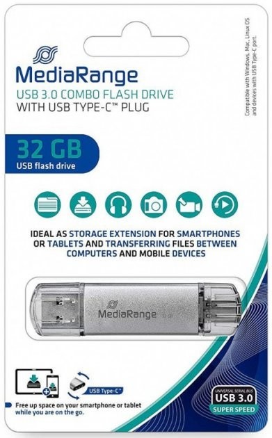 MediaRange USB 3.0 Combo flash drive, with USB Type-C 32Gb