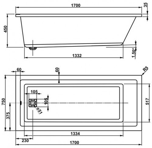 Чертеж с размерами для Cavallo 170x75