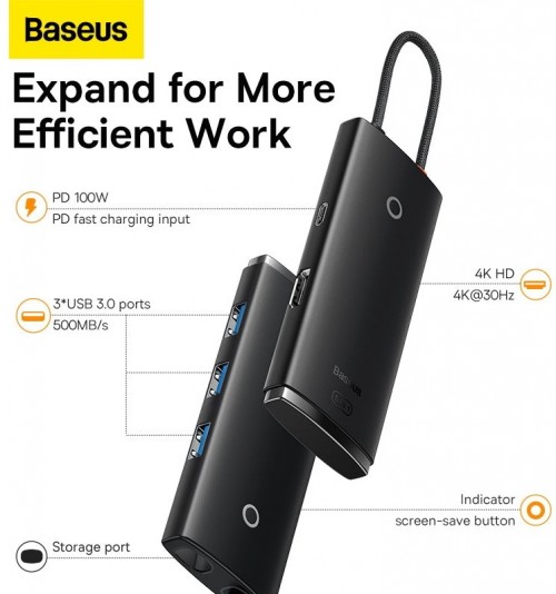 BASEUS Lite Series 5-Port USB-C to HDMI+USB3.0x3+PD