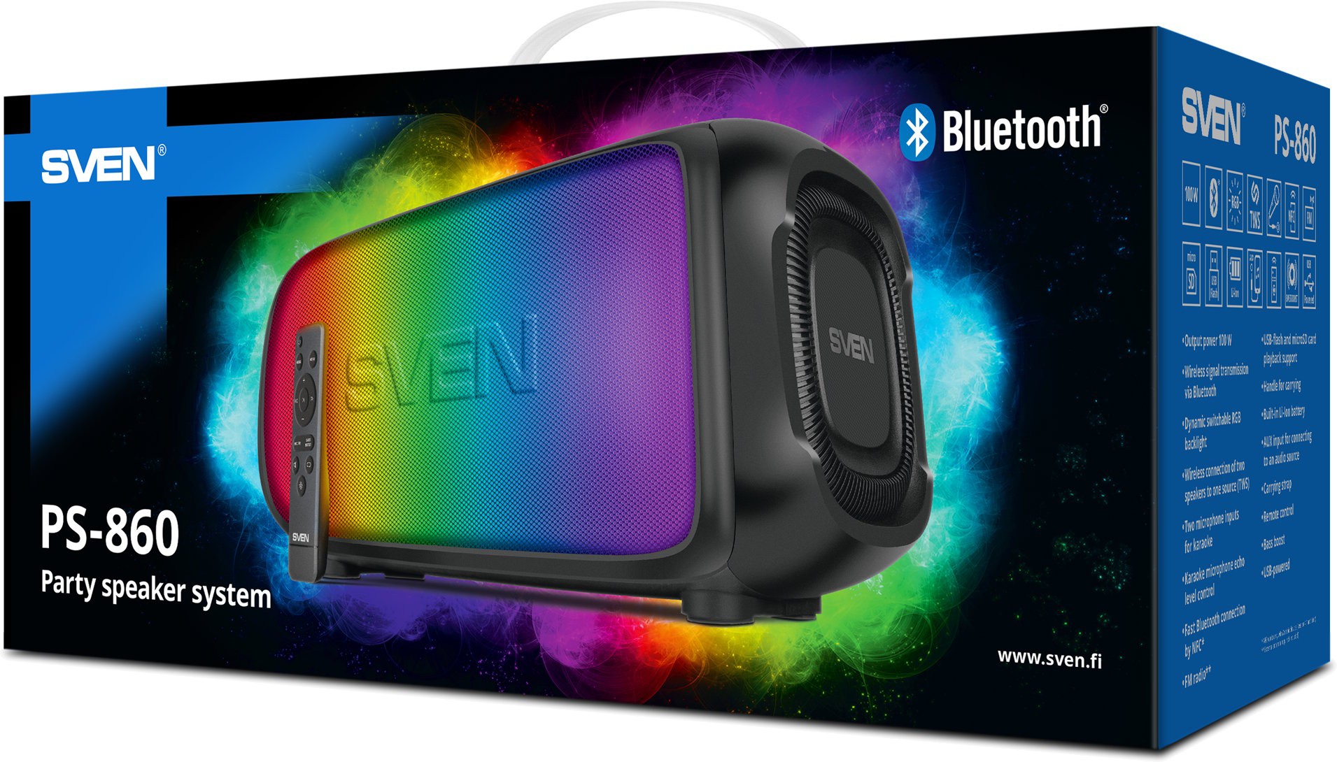 Портативна акустична система SVEN PS-860, 100 Вт, Bluetooth, 5400 мА·год, TWS, караоке, FM-радіо, USB, microSD, RGB, чорна